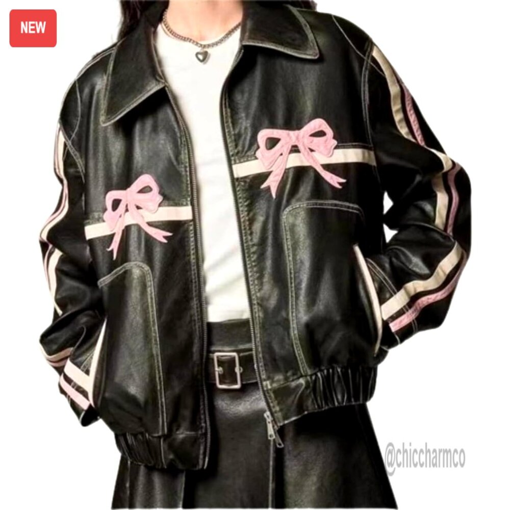 Leather Jacket Y2k Vintage Crop Oversized Grunge Bowknot Motorcycle Style